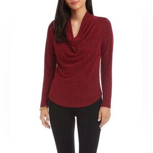 Grace Red Shimmer Metallic Cowl Neck Long Sleeve Top Size 1X